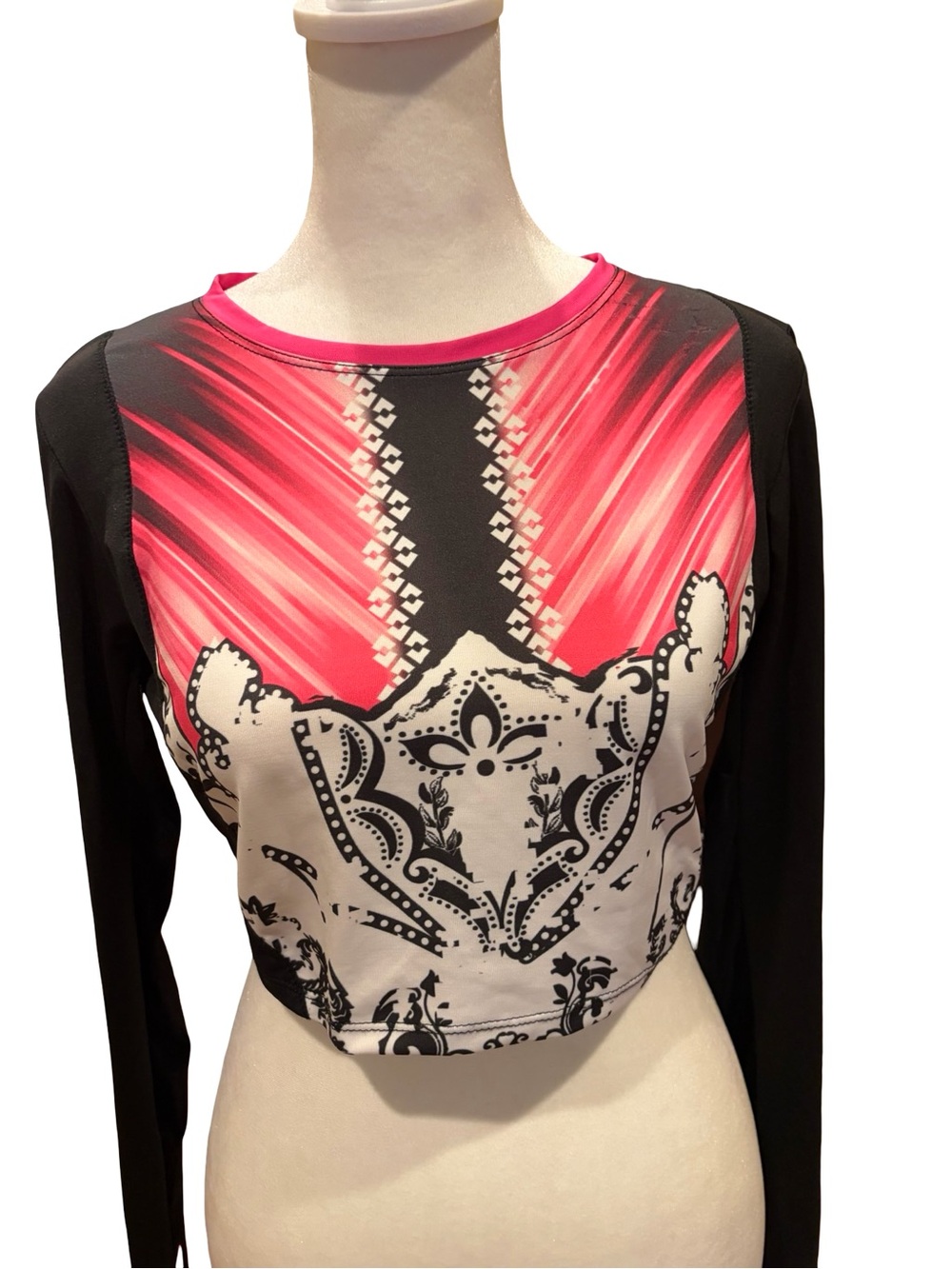Lucky in Love Pink and Black Long Sleeve Graphic Crop Top. Size S
